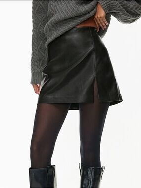 Black Faux Leather Mini Skirt with Front Slit